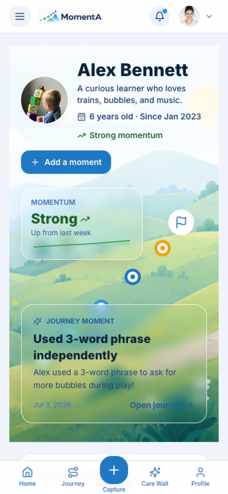 Child Home showing one developmental journey on mobile